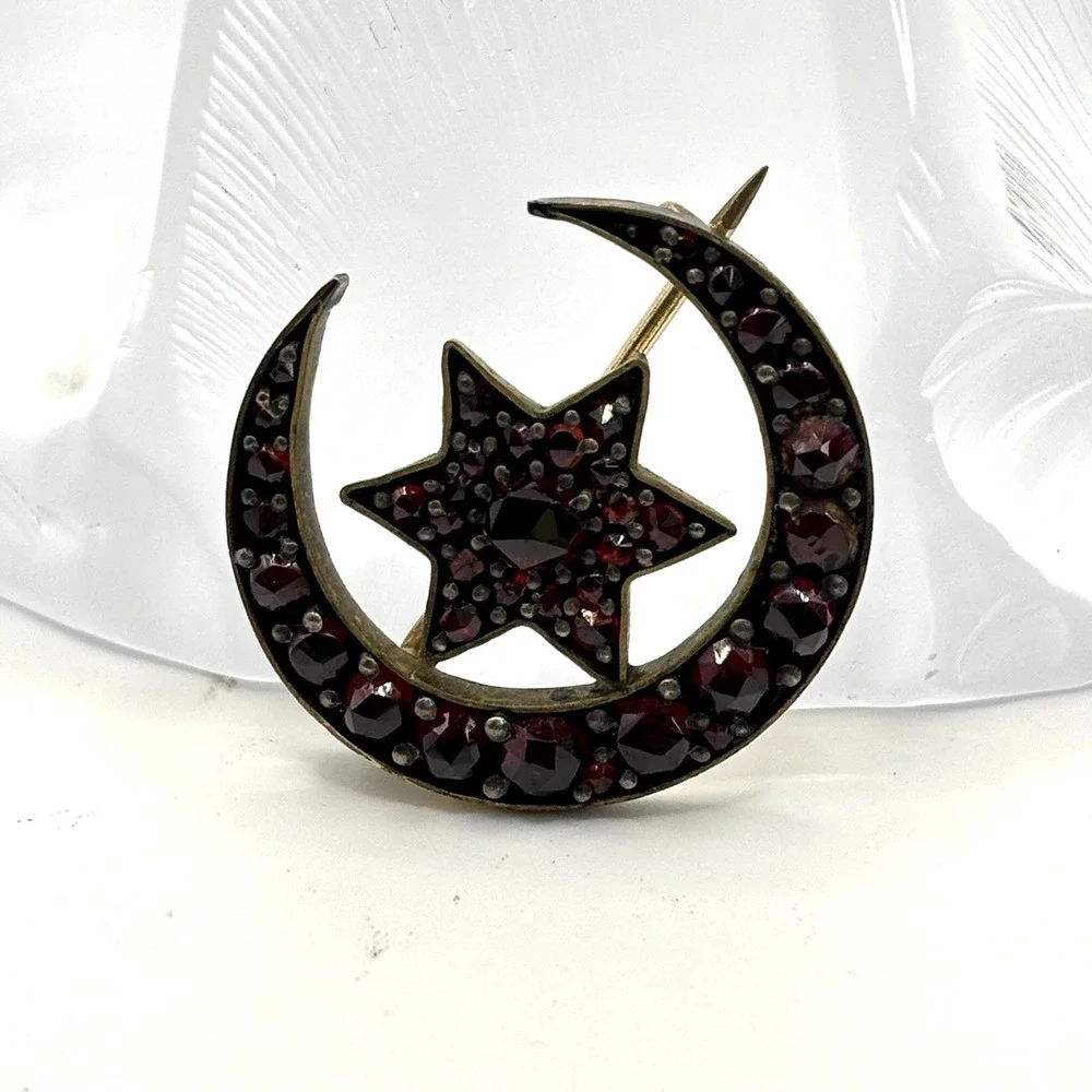 Antique Bohemian Garnet Brooch With Crescent Moon And Star Sun Motif Celestial